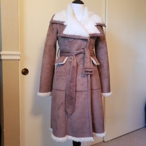 Bebe Faux Shearling Double Breasted Trench Coat